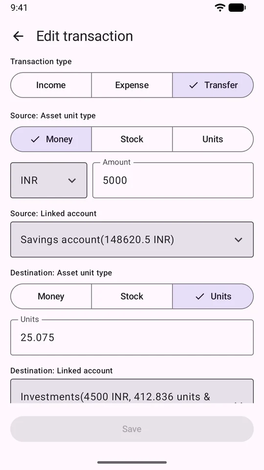 A transfer turning money from a savings account into index fund units